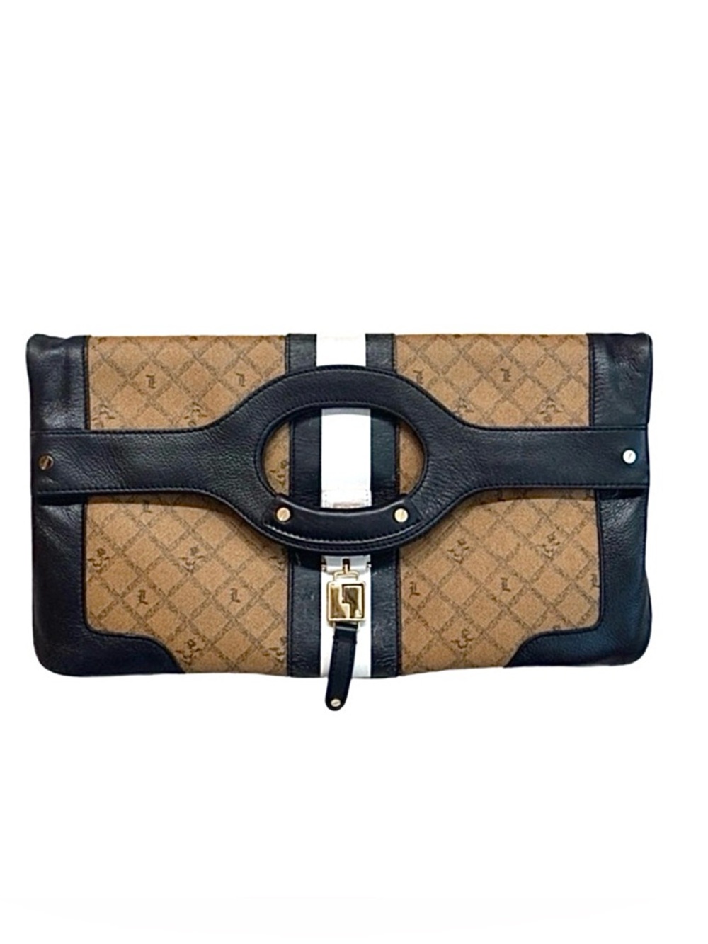 L.A.M.B. ~ Large Tan Clutch/Handbag Dark Brown Trim Black Striped Interior